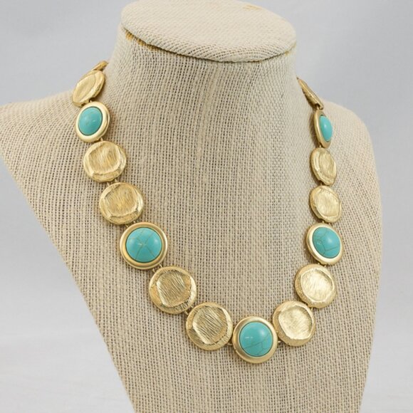 16" Simulated Turquoise & Gold Collar Necklace - Picture 2 of 4